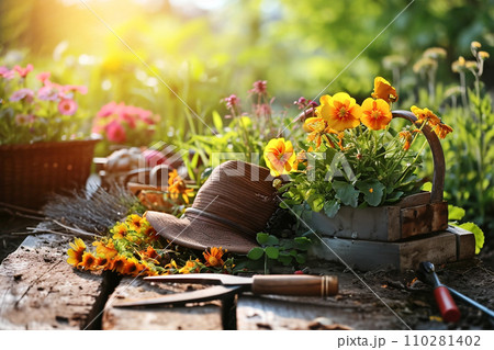 Sunlit garden with gardening tools, plants and flowers 110281402