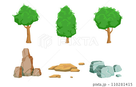Nature Landscape Elements Set, Summer Trees and Stones Vector Illustration 110281415