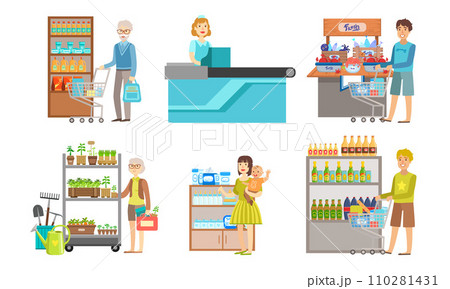 People Shopping at the Supermarket Set, Men and Women Buying Products on Shelves, Shopping Mall Center Interior Vector Illustration People Shopping at the Supermarket Set, Men and Women Buying Products on Shelves, Shopping Mall Center Interior Vector Illustration 110281431