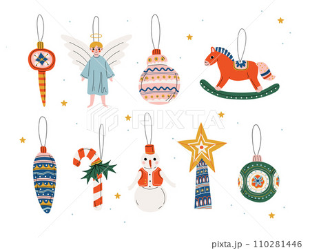 Christmas Three Decorative Elements Hanging on Ribbons Set, Traditional New Year Baubles Collection Vector Illustration Christmas Three Decorative Elements Hanging on Ribbons Set, Traditional New Year Baubles Collection Vector Illustration 110281446