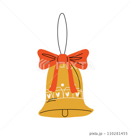 Colden Bell with Red Bow Traditional Christmas Decoration, New Year Bright Symbol Hanging on Ribbon Vector Illustration 110281455