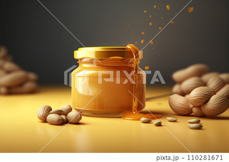 Illustration with a glass jar of peanut butter on a gray background. Generated by AI. 110281671