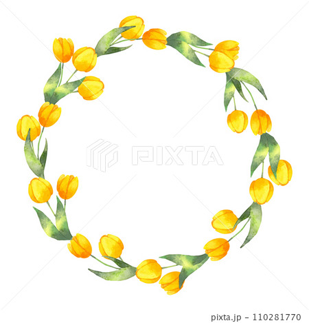 Yellow tulips wreath with leaves.Watercolor illustration.Simple stylized style.Spring botanical frame for Easter for Mother's Day, Women's Day.Blooming summer vintage wreath Hand drawn art.Vector 110281770