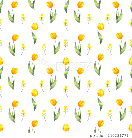 Seamless yellow tulip pattern.Background of botanical yellow flowers. Watercolor illustration. Texture for packaging, printing on fabric, paper. Hand drawn art isolated. Seamless yellow tulip pattern.Background of botanical yellow flowers. Watercolor illustration. Texture for packaging, printing on fabric, paper. Hand drawn art isolated. 110281771