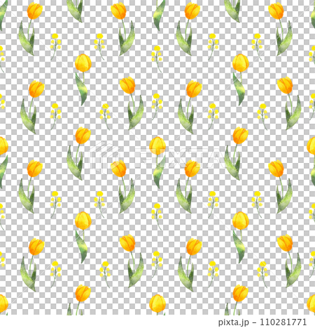 Seamless yellow tulip pattern.Background of botanical yellow flowers. Watercolor illustration. Texture for packaging, printing on fabric, paper. Hand drawn art isolated. Seamless yellow tulip pattern.Background of botanical yellow flowers. Watercolor illustration. Texture for packaging, printing on fabric, paper. Hand drawn art isolated. 110281771