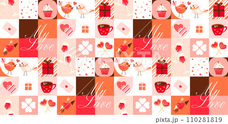 Valentines day, modern geometric mosaic seamless pattern design. Bauhaus style minimal cartoon background. Colorful vintage funny romantic 14 February holiday concept composition Valentines day, modern geometric mosaic seamless pattern design. Bauhaus style minimal cartoon background. Colorful vintage funny romantic 14 February holiday concept composition 110281819