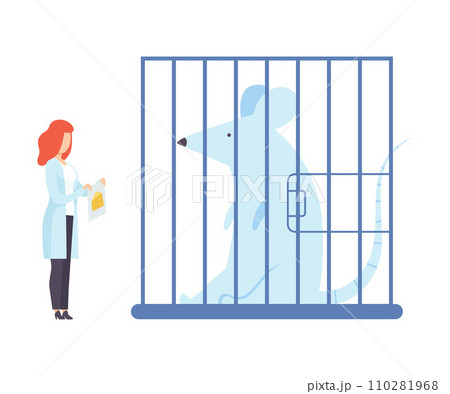 Female scientist next to a huge laboratory mouse. Vector illustration. Female scientist next to a huge laboratory mouse. Vector illustration. 110281968