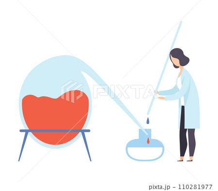 Female scientist conducting an experiment with liquids. Vector illustration. 110281977