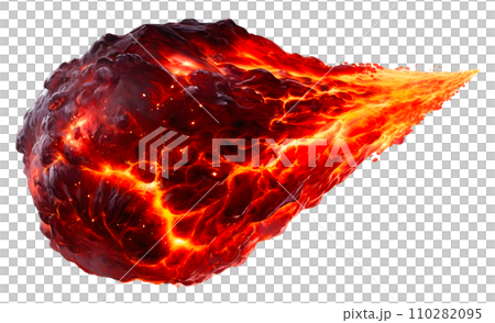 A brilliant flaming meteor with glowing molten tail streaking across the night sky, isolated on a transparent background. AI Generated 110282095
