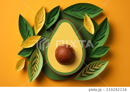 Fruit composition with a beautiful avocado half, yellow and green leaves. Generated by AI. 110282116