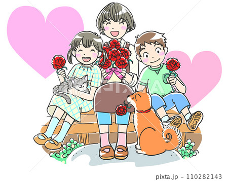 母の日の親子とペット 110282143