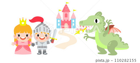 Fantasy knight princess and dragon . prince on horseback holding sword fights with dragon. Fantasy knight princess and dragon . prince on horseback holding sword fights with dragon. 110282155