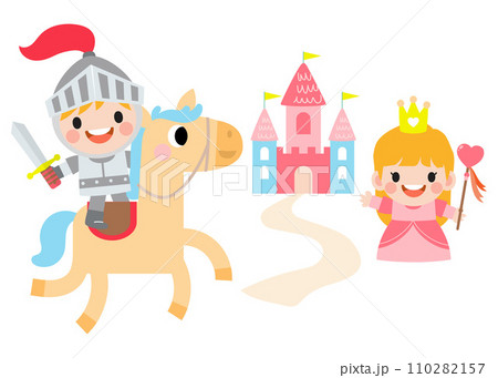Fantasy knight princess and dragon . prince on horseback holding sword fights with dragon. 110282157