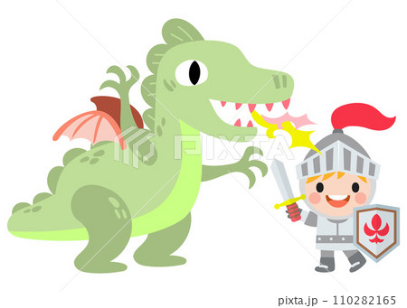 Fantasy knight princess and dragon . prince on horseback holding sword fights with dragon. Fantasy knight princess and dragon . prince on horseback holding sword fights with dragon. 110282165