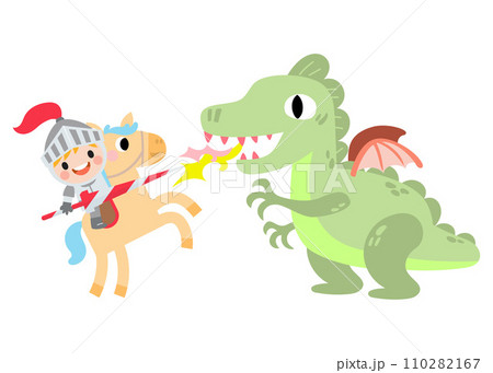 Fantasy knight princess and dragon . prince on horseback holding sword fights with dragon. 110282167