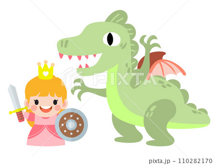 Fantasy knight princess and dragon . prince on horseback holding sword fights with dragon. 110282170