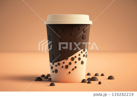 Graphic illustration of a disposable paper cup with a black lid. 110282219