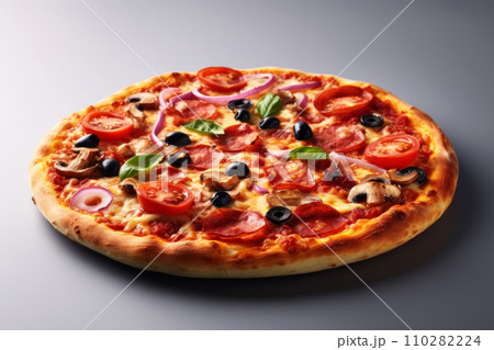 Close-up of an appetizing pizza on a wooden stand Close-up of an appetizing pizza on a wooden stand 110282224