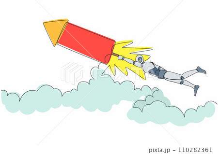Single continuous line drawing robot fly on fireworks rockets while looking at business opportunities. Modern robotic artificial intelligence. Dynamic one line draw graphic design vector illustration Single continuous line drawing robot fly on fireworks rockets while looking at business opportunities. Modern robotic artificial intelligence. Dynamic one line draw graphic design vector illustration 110282361
