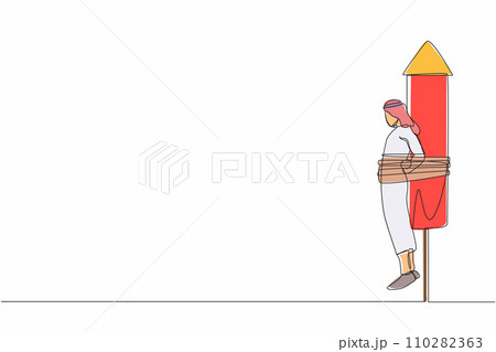 Single one line drawing Arabian businessman being tied to launching rocket, feeling anxious and scared. Fear of economic disaster. Business failure. Continuous line design graphic vector illustration Single one line drawing Arabian businessman being tied to launching rocket, feeling anxious and scared. Fear of economic disaster. Business failure. Continuous line design graphic vector illustration 110282363