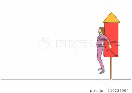 Single continuous line drawing businesswoman being fired and tied to launching rocket, feeling afraid and painful. Fear of financial crisis. Business failure. One line draw design vector illustration 110282364