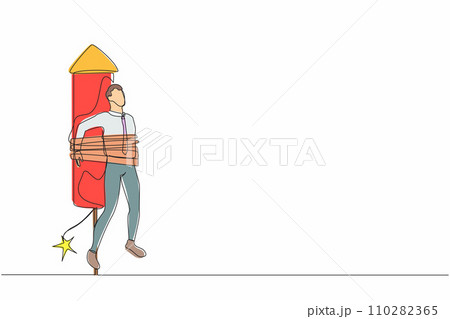 Continuous one line drawing businessman being tied to launching rocket, feeling anxious and scared. Fear of impending disaster. Career failure concept. Single line design vector graphic illustration Continuous one line drawing businessman being tied to launching rocket, feeling anxious and scared. Fear of impending disaster. Career failure concept. Single line design vector graphic illustration 110282365
