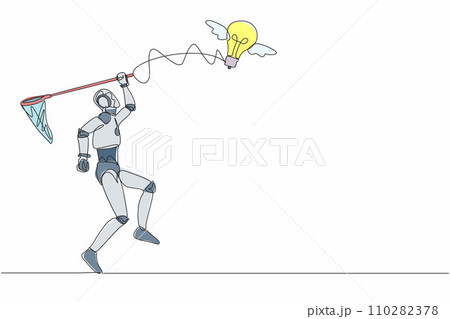 Single one line drawing robot try to catching flying light bulb with butterfly net. Hard to search tech inspiration, creative idea. Machine learning. Continuous line design graphic vector illustration 110282378