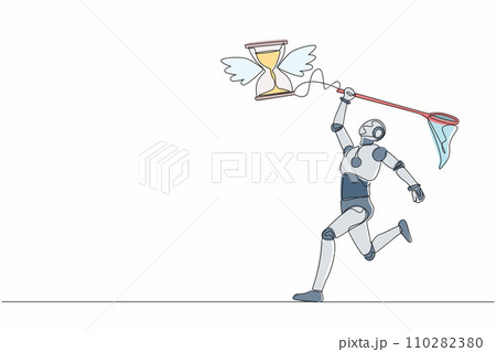 Continuous one line drawing robot try to catching flying hourglass with butterfly net. Stress, deadlines, depression of work. Humanoid cybernetic organism. Single line draw design vector illustration Continuous one line drawing robot try to catching flying hourglass with butterfly net. Stress, deadlines, depression of work. Humanoid cybernetic organism. Single line draw design vector illustration 110282380