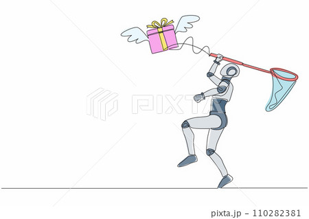 Single one line drawing robot try to catching flying gift box with butterfly net. Winged gift box, package. Future technology. Artificial intelligence. Continuous line draw design vector illustration Single one line drawing robot try to catching flying gift box with butterfly net. Winged gift box, package. Future technology. Artificial intelligence. Continuous line draw design vector illustration 110282381