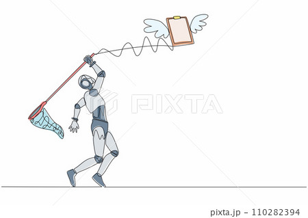 Single continuous line drawing robot try to catching flying clipboard with butterfly net. Technology for checklist document. Robotic artificial intelligence. One line draw design vector illustration 110282394
