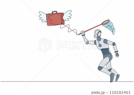 Single continuous line drawing robot try to catch flying briefcase with butterfly net. High performance tech company. Robotic artificial intelligence. One line draw graphic design vector illustration 110282401
