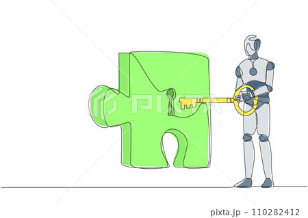 Single continuous line drawing robot putting big key into puzzle piece. Teamwork and partnership solving complicated tasks. Robotic artificial intelligence. One line graphic design vector illustration Single continuous line drawing robot putting big key into puzzle piece. Teamwork and partnership solving complicated tasks. Robotic artificial intelligence. One line graphic design vector illustration 110282412