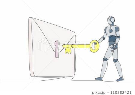 Single one line drawing robot putting big key into mail. Digital message protection or email security system. Future technology development. Continuous line draw design graphic vector illustration 110282421