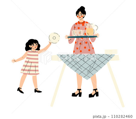 Girl Helping Her Mother Set the Table, Family Having BBQ Party Outdoors Vector Illustration Girl Helping Her Mother Set the Table, Family Having BBQ Party Outdoors Vector Illustration 110282460