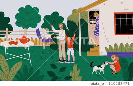 Family on BBQ Party on the Backyard, Father and Son Cooking Barbecue, Daughter Playing with Dog, Mother with Plates Standing on the Porch of the House Vector Illustration 110282471