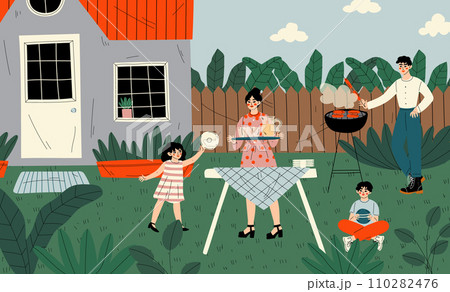 Family on BBQ Party on the Backyard, Father Cooking Barbecue, Son Sitting on the Grass, Girl Helping Her Mother Set the Table Vector Illustration 110282476