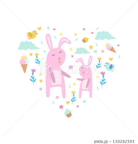Pink Bunnies with Clouds, Flowers and Ice Creams of Heart Shape, Cute Childish Poster, Greeting or Invitation Card, Print for T-shirt Design Element Vector Illustration Pink Bunnies with Clouds, Flowers and Ice Creams of Heart Shape, Cute Childish Poster, Greeting or Invitation Card, Print for T-shirt Design Element Vector Illustration 110282503