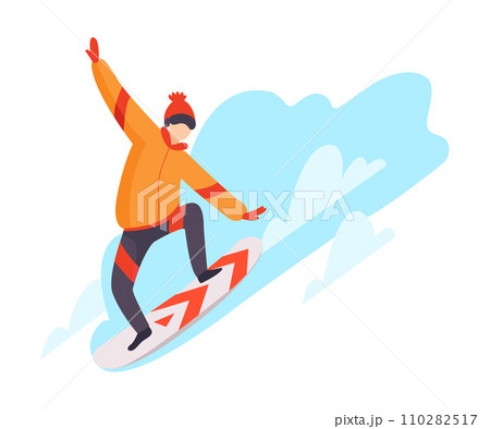 Flat vector illustration of snowboarding man isolated on white background. 110282517