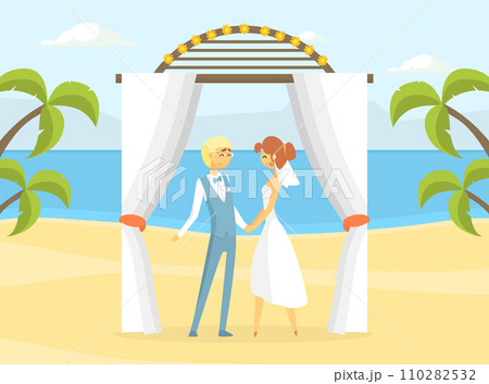Happy Just Married Couple at Wedding Ceremony, Romantic Bride and Groom Characters on Beach Resort Vector Illustration 110282532