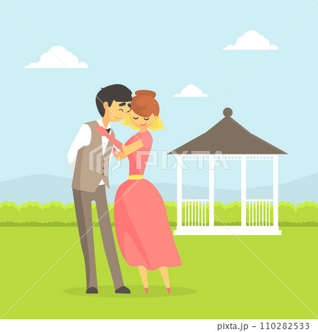 Happy Just Married Couple, Romantic Bride and Groom Characters Embracing on Summer Natural Landscape Vector Illustration 110282533