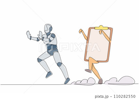 Single one line drawing stressed robot being chased by clipboard. Hurry in finishing checklist industry sheets document. Future technology development. Continuous line draw design vector illustration 110282550