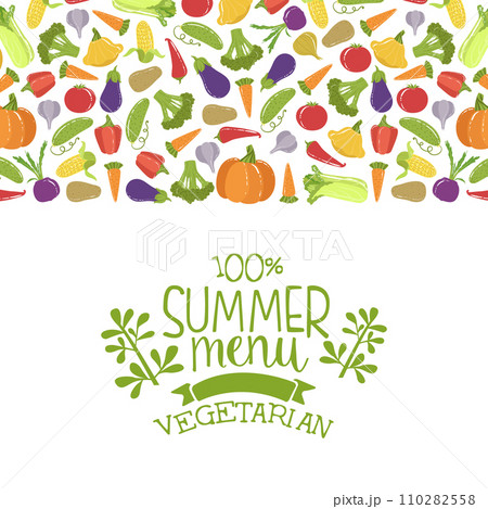 Summer Vegetarian Menu Banner Template With Fresh Organic Vegetables Seamless Pattern Vector Illustration 110282558