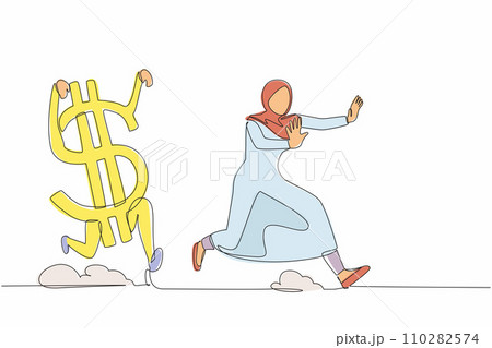 Single one line drawing fright Arab businesswoman being chased by dollar symbol. Female manager afraid with economic or financial crisis. Modern continuous line draw design graphic vector illustration 110282574