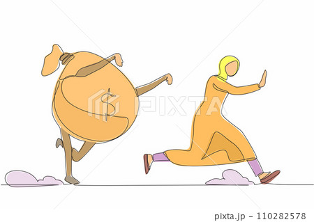 Single one line drawing fright Arab businesswoman being chased by money bag. Female worker hurry in achieving wealth goals. Minimal metaphor concept. Continuous line design graphic vector illustration Single one line drawing fright Arab businesswoman being chased by money bag. Female worker hurry in achieving wealth goals. Minimal metaphor concept. Continuous line design graphic vector illustration 110282578