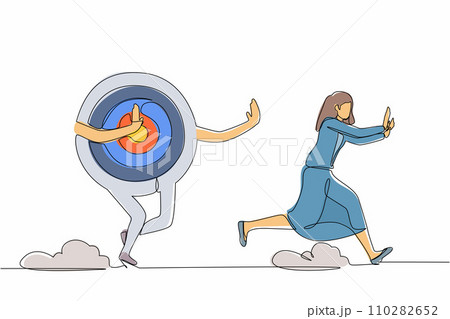 Single continuous line drawing scared businesswoman being chased by archery bullseye target. Female worker losing innovation in business goal, loss in career. One line draw design vector illustration 110282652