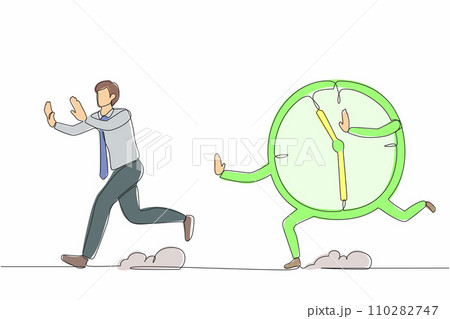 Single continuous line drawing stressed businessman being chased by time, deadline. Planning schedules, productivity and time management. Dynamic one line draw graphic design vector illustration Single continuous line drawing stressed businessman being chased by time, deadline. Planning schedules, productivity and time management. Dynamic one line draw graphic design vector illustration 110282747