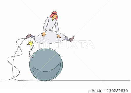 Single continuous line drawing Arab businessman jumping over bomb. Economic crisis explosion. Anticipate the explosive impact of the world financial downfall. One line draw design vector illustration 110282810