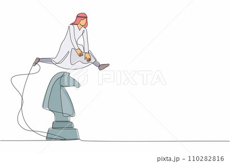 Single continuous line drawing Arab businessman jumping over big chess knight. Strategic intelligence in business movement. Tactic strategy thinking. One line draw graphic design vector illustration Single continuous line drawing Arab businessman jumping over big chess knight. Strategic intelligence in business movement. Tactic strategy thinking. One line draw graphic design vector illustration 110282816
