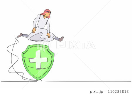 Single one line drawing Arabian businessman jumping over big shield. Financial insurance for future protection. Fund safety, bank deposit assurance. Continuous line design graphic vector illustration Single one line drawing Arabian businessman jumping over big shield. Financial insurance for future protection. Fund safety, bank deposit assurance. Continuous line design graphic vector illustration 110282818