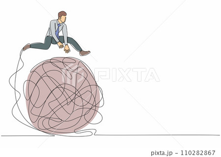 Continuous one line drawing businessman jumping over tangled scribble. Solution looking for complicated problem. Looking for ways to success business. Single line design vector graphic illustration Continuous one line drawing businessman jumping over tangled scribble. Solution looking for complicated problem. Looking for ways to success business. Single line design vector graphic illustration 110282867
